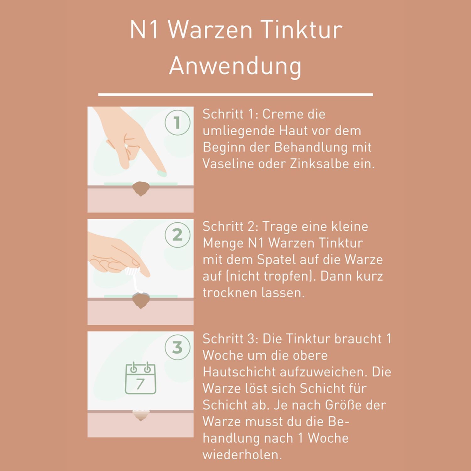 Anwendungsschritte: 1. Haut mit Vaseline oder Zinksalbe eincremen. 2. N1 Warzen Tinktur auftragen. 3. Warze löst sich nach 1 Woche.