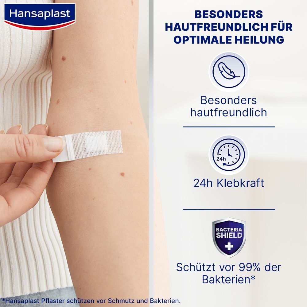Arm mit aufgeklebtem Pflaster. Text: Besonders hautfreundlich für optimale Heilung, 24h Klebkraft, schützt vor 99% der Bakterien.