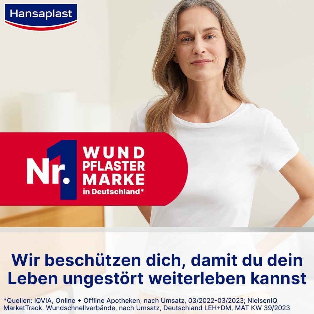 Frau mit weißem T-Shirt. Text: Nr. 1 Wundpflaster Marke in Deutschland. Wir beschützen dich, damit du dein Leben ungestört weiterleben kannst.