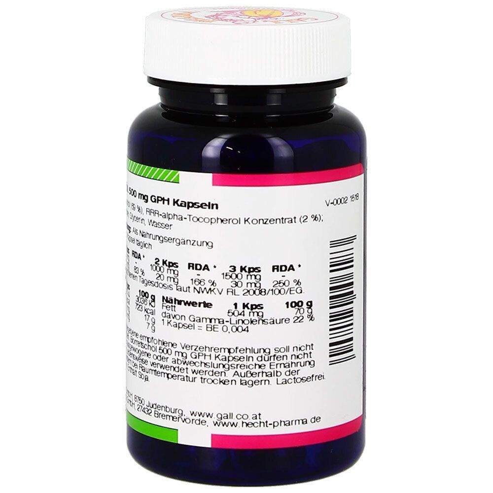 Blaue Flasche mit weißem Deckel. Etikett mit Text: BORRETSCHÖL 500 mg GPH Kapseln. Nährwertangaben und Verzehrempfehlung.