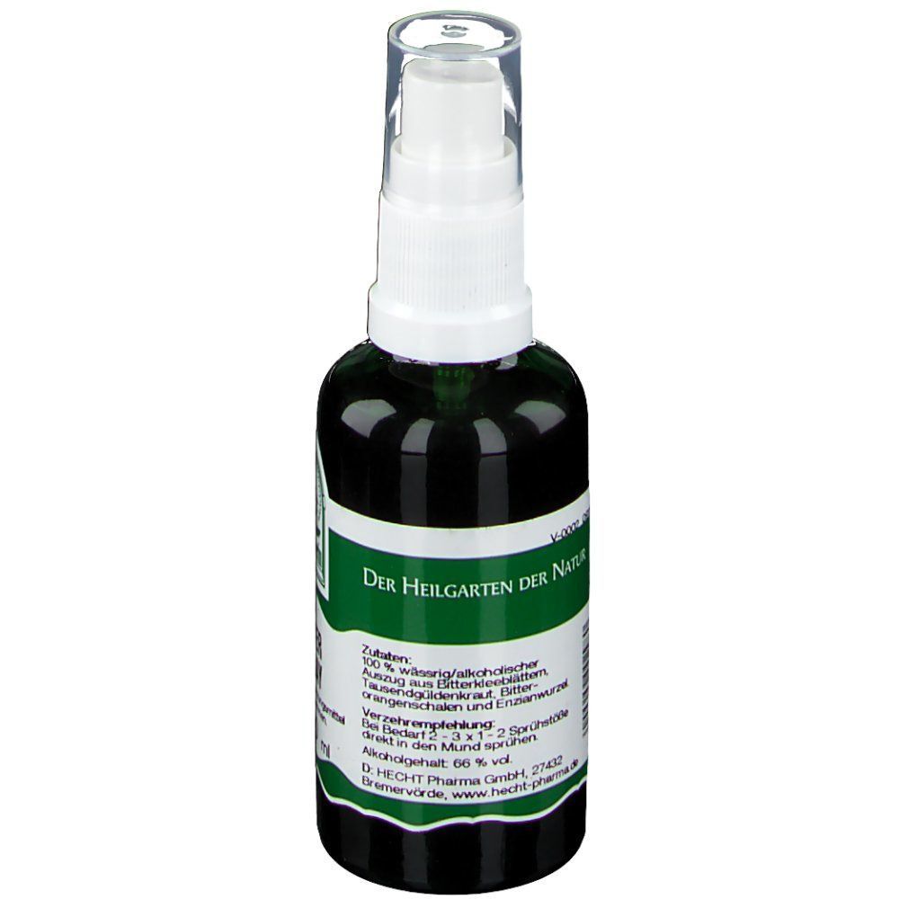 Grüne Sprühflasche mit weißem Sprühkopf. Aufschrift: Der Heilgarten der Natur. Text auf Etikett.
