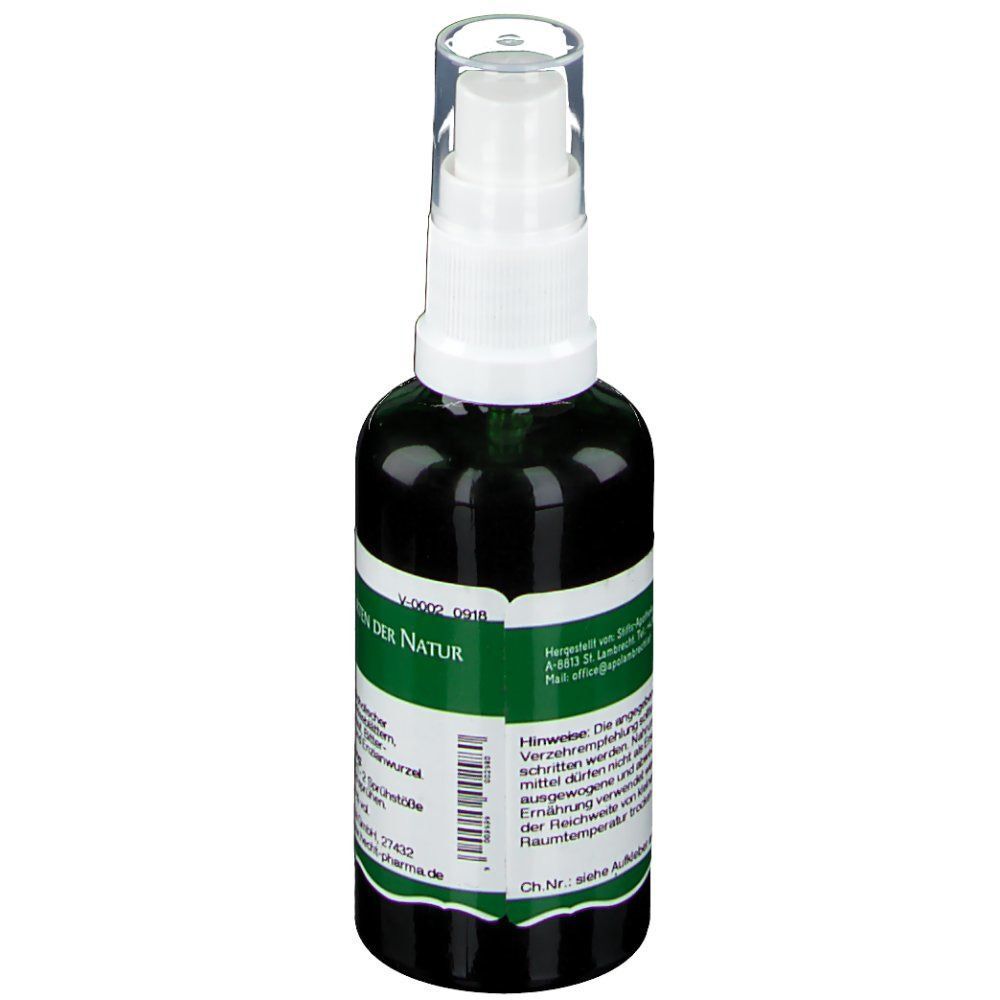 Grüne Sprühflasche mit weißem Sprühkopf. Etikett mit Text und Barcode. Aufschrift: Der Heilgarten der Natur.