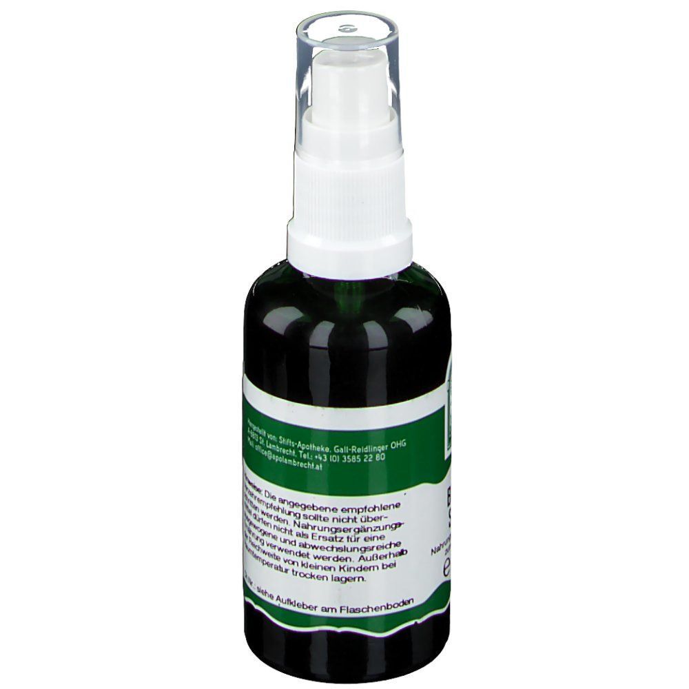 Grüne Sprühflasche mit weißem Sprühkopf. Etikett mit Text. Aufschrift: Der Heilgarten der Natur.