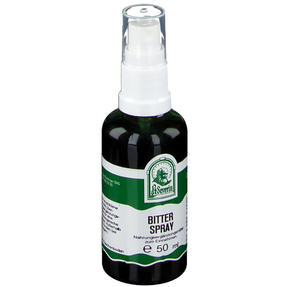 Grüne Sprühflasche mit weißem Sprühkopf. Aufschrift: Bitter Spray, P. Severin, e 50 ml.