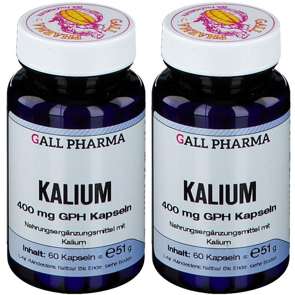 Zwei Flaschen mit Kapseln. Aufschrift: KALIUM, 400 mg GPH Kapseln, Nahrungsergänzungsmittel. Marke: GALL PHARMA. Inhalt: 60 Kapseln.