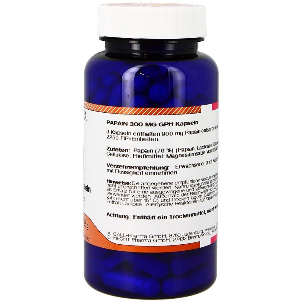 Blaue Flasche mit weißem Deckel. Rückseite mit Text: PAPAIN 300 mg GPH Kapseln. Zutaten, Verzehrempfehlung, Hinweise.