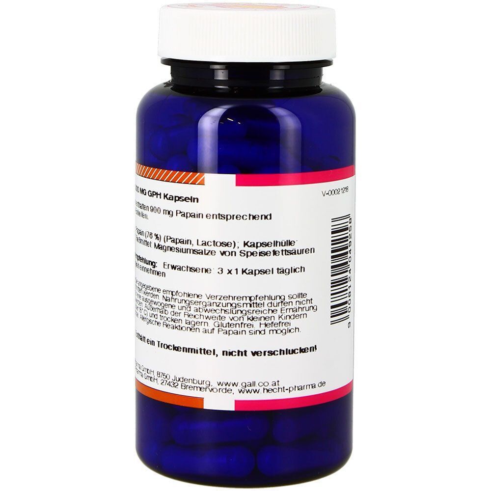 Blaue Flasche mit weißem Deckel. Rückseite mit Text: PAPAIN 300 mg GPH Kapseln. Zutaten, Verzehrempfehlung, Hinweise.