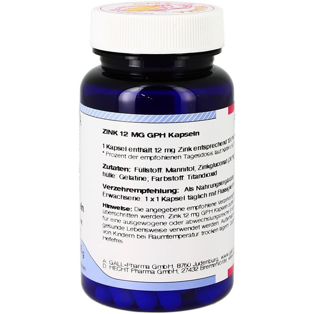 Blaue Flasche mit weißem Deckel. Aufschrift: ZINK 12 MG GPH Kapseln. Enthält 60 Kapseln. Rückseite mit Produktinformationen.