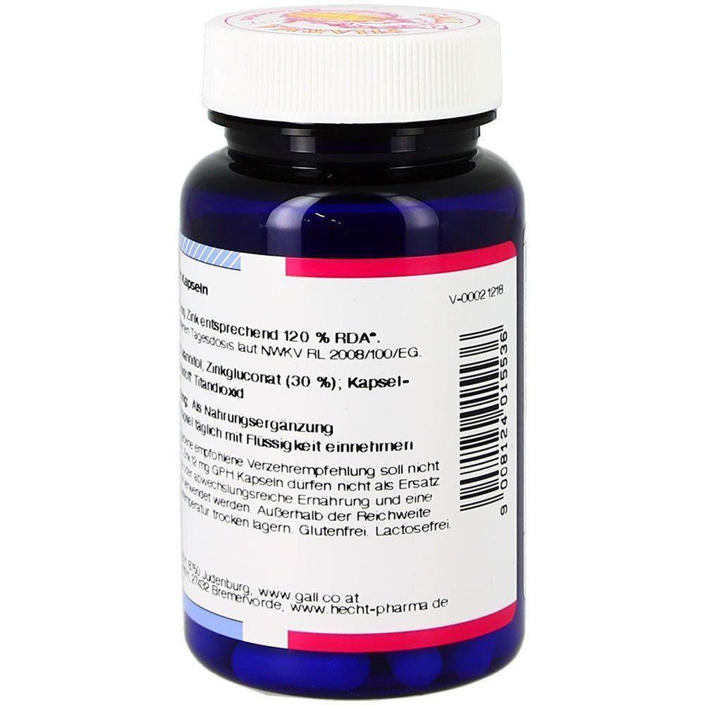 Rückansicht einer blauen Flasche mit weißem Deckel. Produktinformationen und Barcode. Aufschrift: ZINK 12 MG GPH Kapseln.