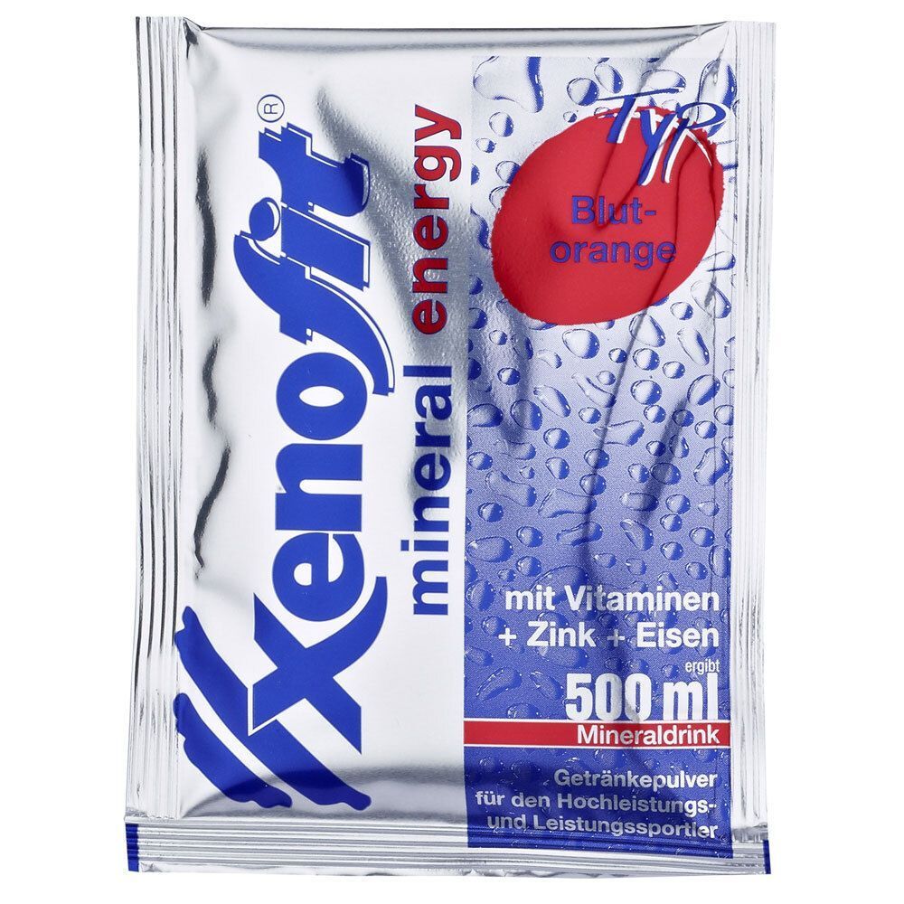 Einzelpackung XENOFIT mineral energy. Silberfarbene Folie. Aufdruck: 500 ml Mineraldrink. Mit Vitaminen, Zink und Eisen. Geschmack: Blut-orange.