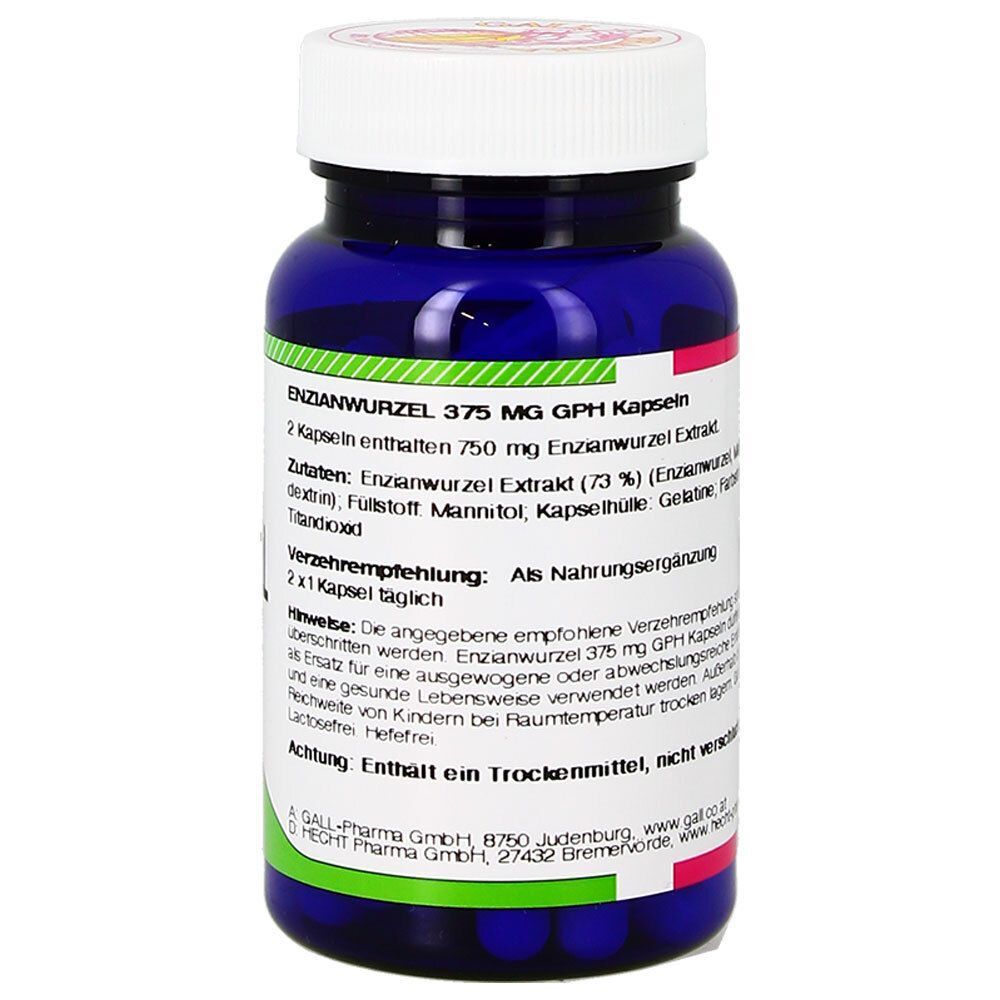 Blaue Pillendose mit weißem Deckel. Aufschrift: ENZIANWURZEL 375 mg GPH Kapseln. Rückseite mit Text in deutscher Sprache.