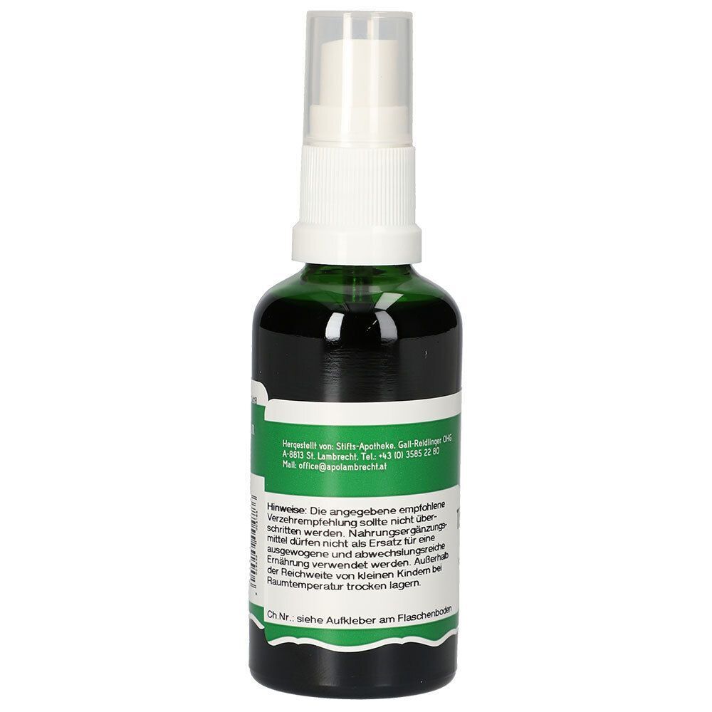 Grüne Glasflasche mit Sprühkopf. Etikett mit Text. Rückansicht.