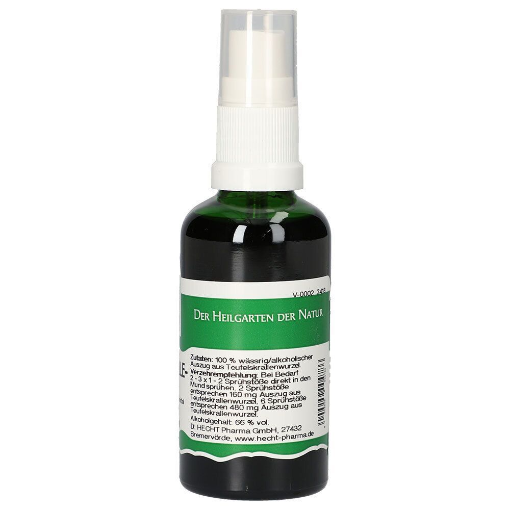 Grüne Glasflasche mit Sprühkopf. Etikett mit Text. Aufschrift: Der Heilgarten der Natur.