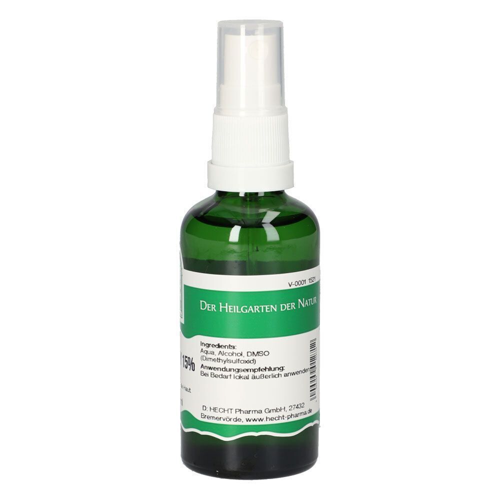 Grüne Glasflasche mit Sprühkopf. Beschriftung: St. Severin DMSO-Spray 15%.