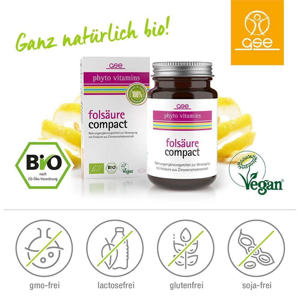 GSE Folsäure Compact Bio Tabletten mit Bio-Siegel und Vegan-Logo. Abbildungen: gmo-frei, laktosefrei, glutenfrei, soja-frei.