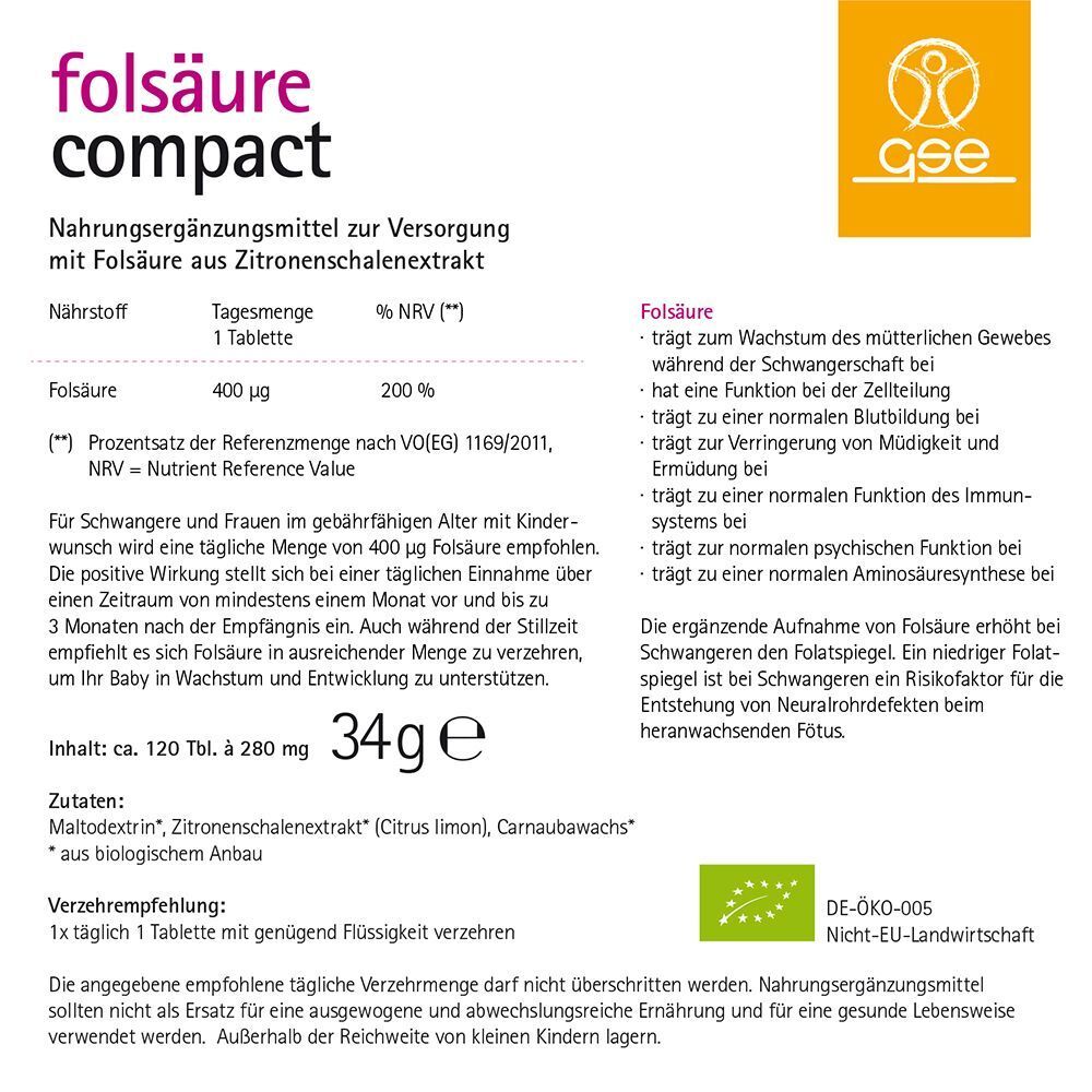 Infotafel zu GSE Folsäure Compact. Nährwertangaben, Inhaltsstoffe, Verzehrempfehlung, Zertifizierung DE-ÖKO-005.