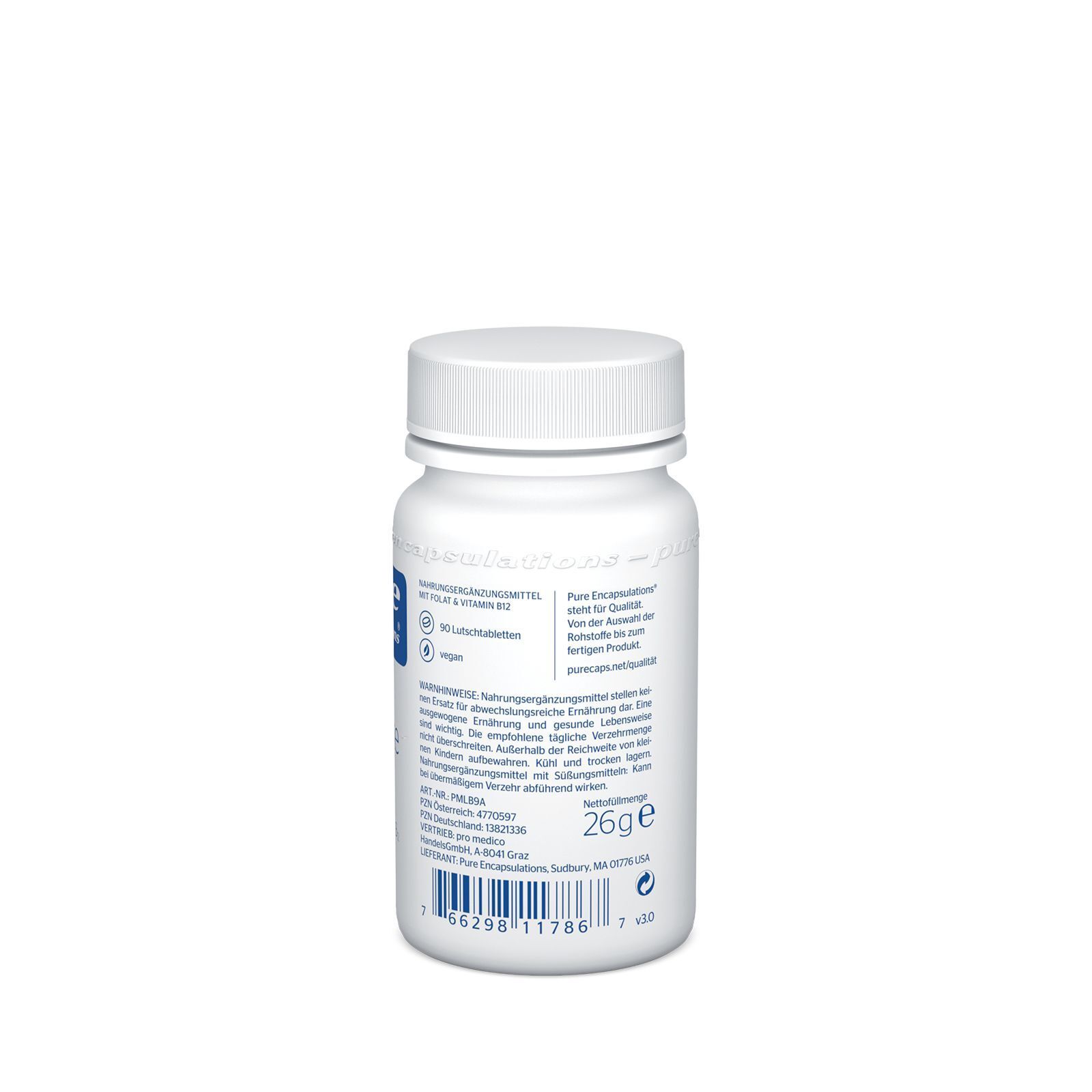 Weiße Flasche mit Schraubverschluss. Rückseite mit Text und Barcode. 26g.
