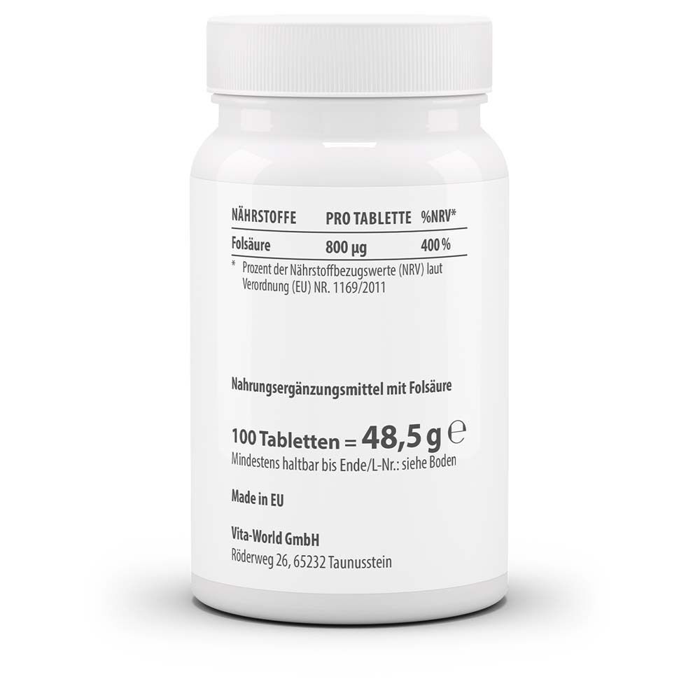 Weiße Tablettenflasche, Rückseite. Aufschrift: Nährstoffe, Folsäure 800 µg, 100 Tabletten = 48,5 g, Made in EU.