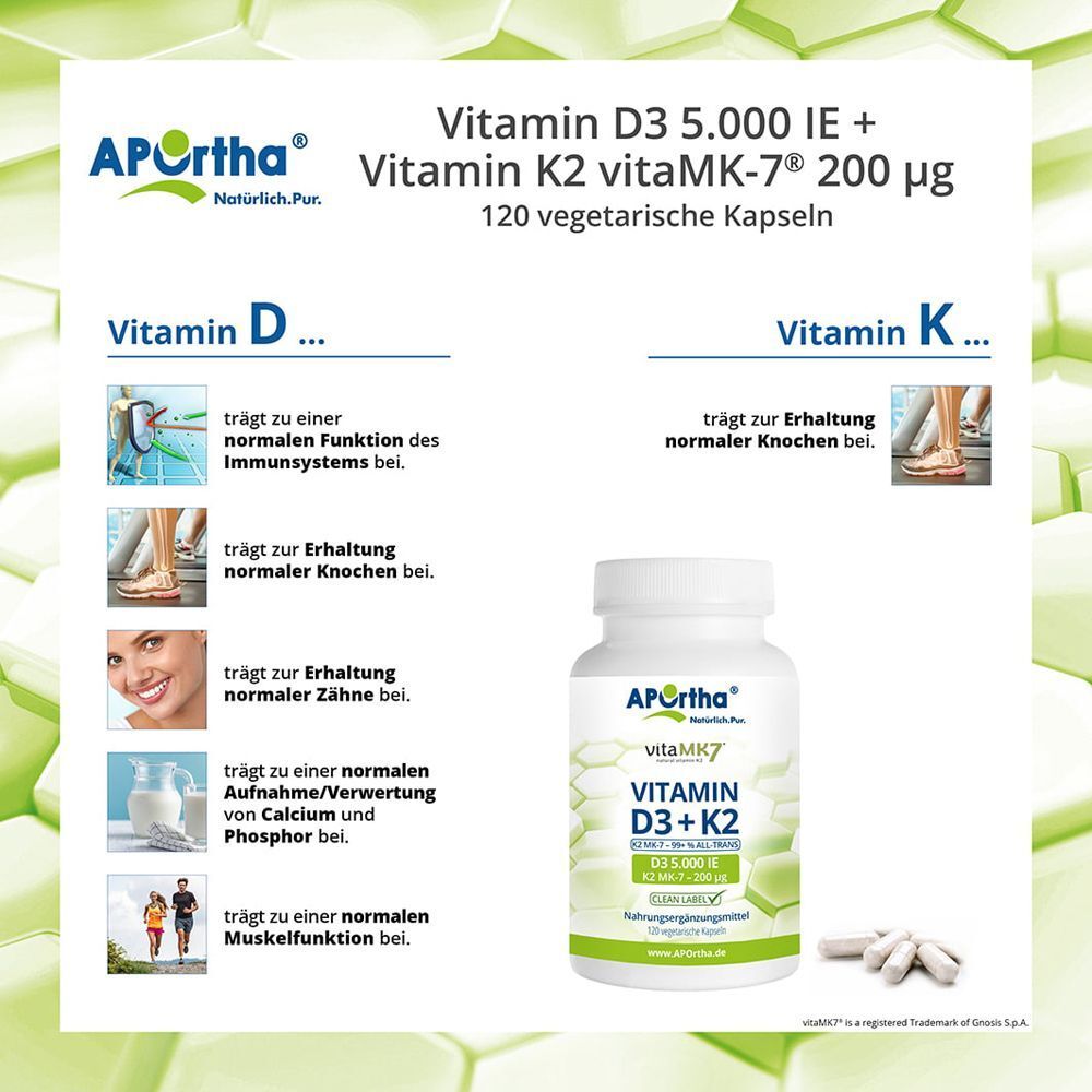APOrtha Vitamin D3 + K2: Unterstützt Immunsystem, Knochen, Zähne, Calciumaufnahme und Muskelfunktion.