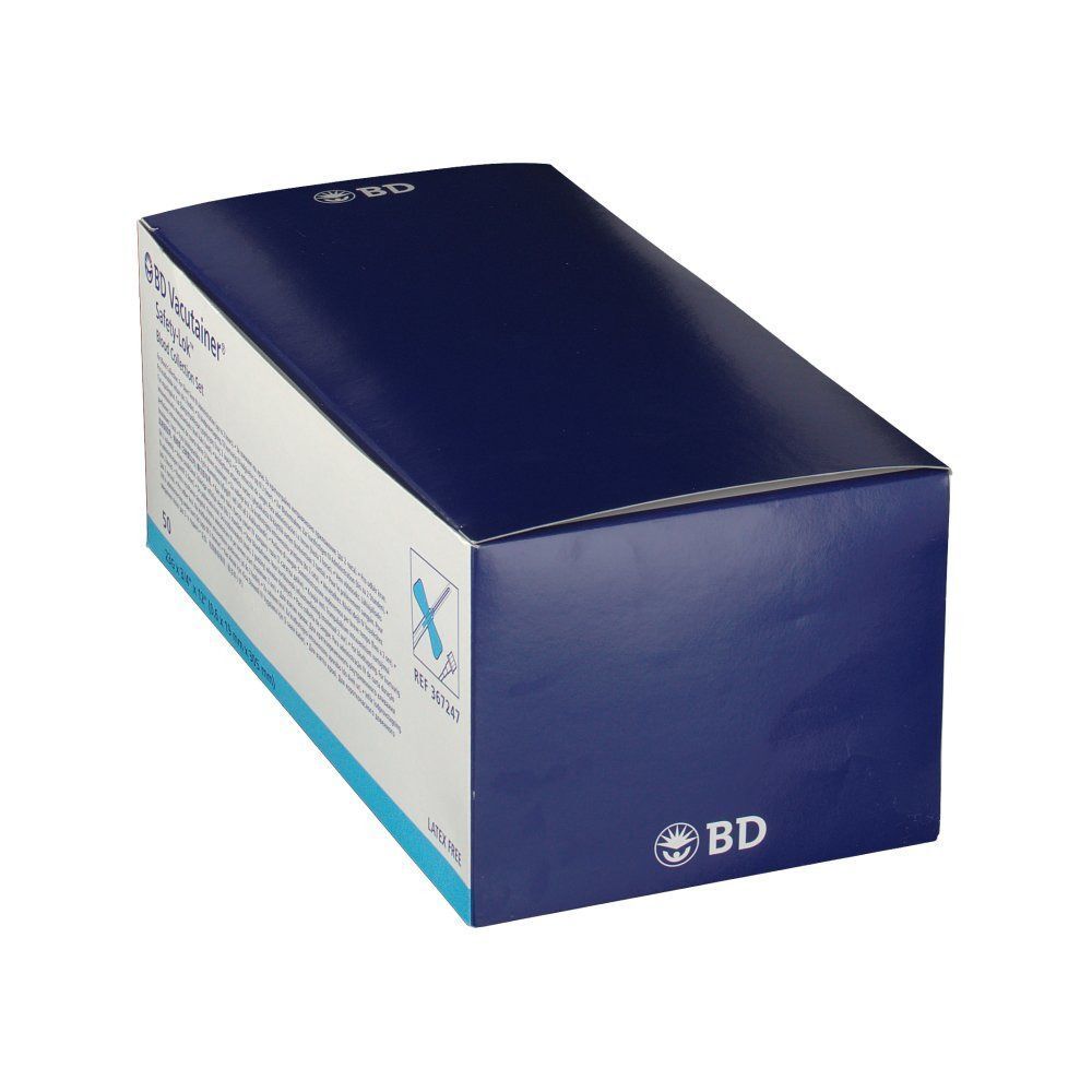 Schachtel BD Vacutainer Safety-Lok. Blaue Oberseite, weiße Seiten. Aufschrift: BD, Safety-Lok, Blood Collection Set. Latex-frei.