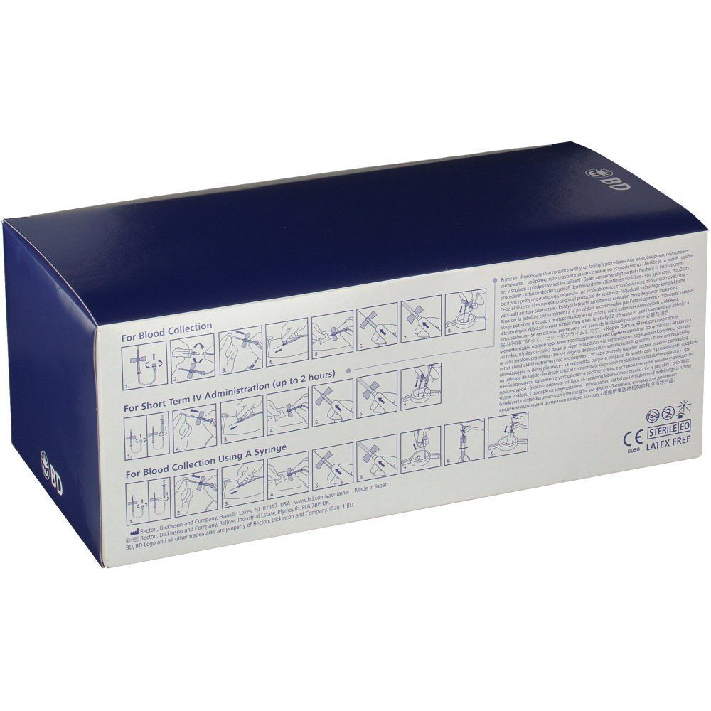 Rückseite einer Schachtel BD Vacutainer Safety-Lok. Illustrationen zur Blutentnahme und Kurzzeit-IV-Verabreichung. Latex-frei.