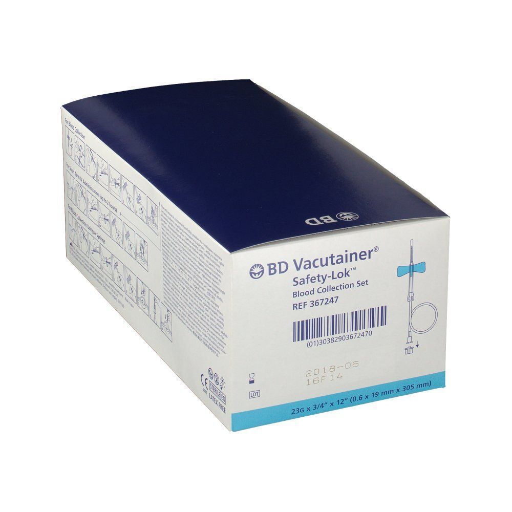 Schachtel BD Vacutainer Safety-Lok. Aufschrift: Blood Collection Set. Mit Produktabbildung. Abmessungen: 230 x 3/4 x 12 Zoll.