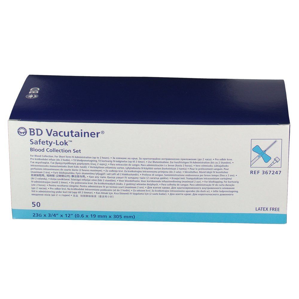 Schachtel BD Vacutainer Safety-Lok. Aufschrift: Blood Collection Set. 50 Stück. Abmessungen: 230 x 3/4 x 12 Zoll. Latex-frei.