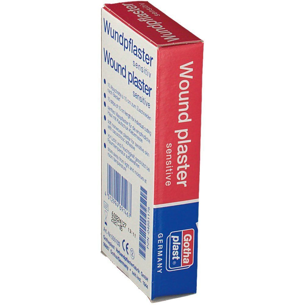 Seitenansicht eines roten Kartons mit Wundpflaster. Aufschrift: Gothaplast, Wundpflaster sensitiv. Produktinformationen.
