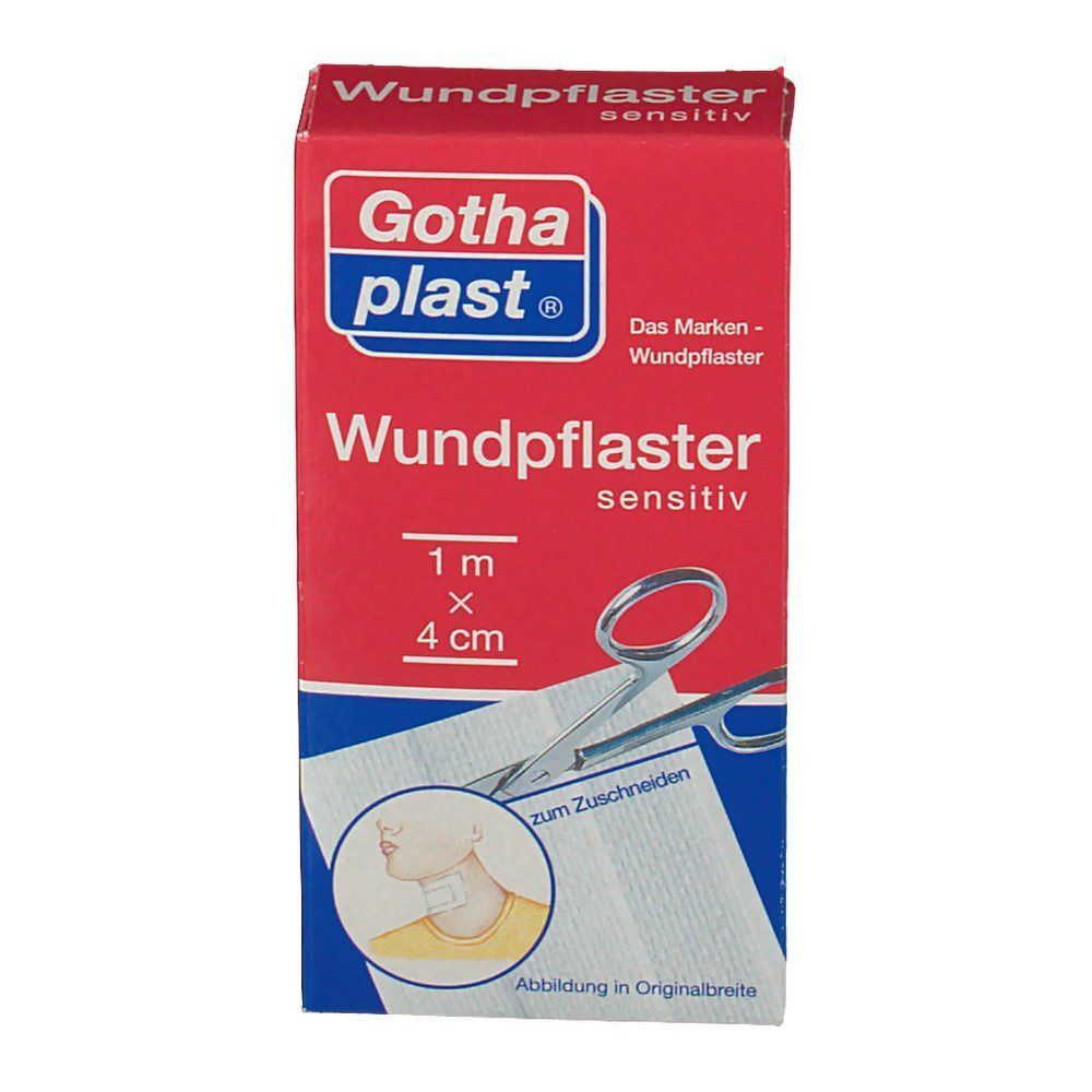 Roter Karton mit Wundpflaster. Aufschrift: Gothaplast, Wundpflaster sensitiv, 1 m x 4 cm. Schere und Halsabbildung.