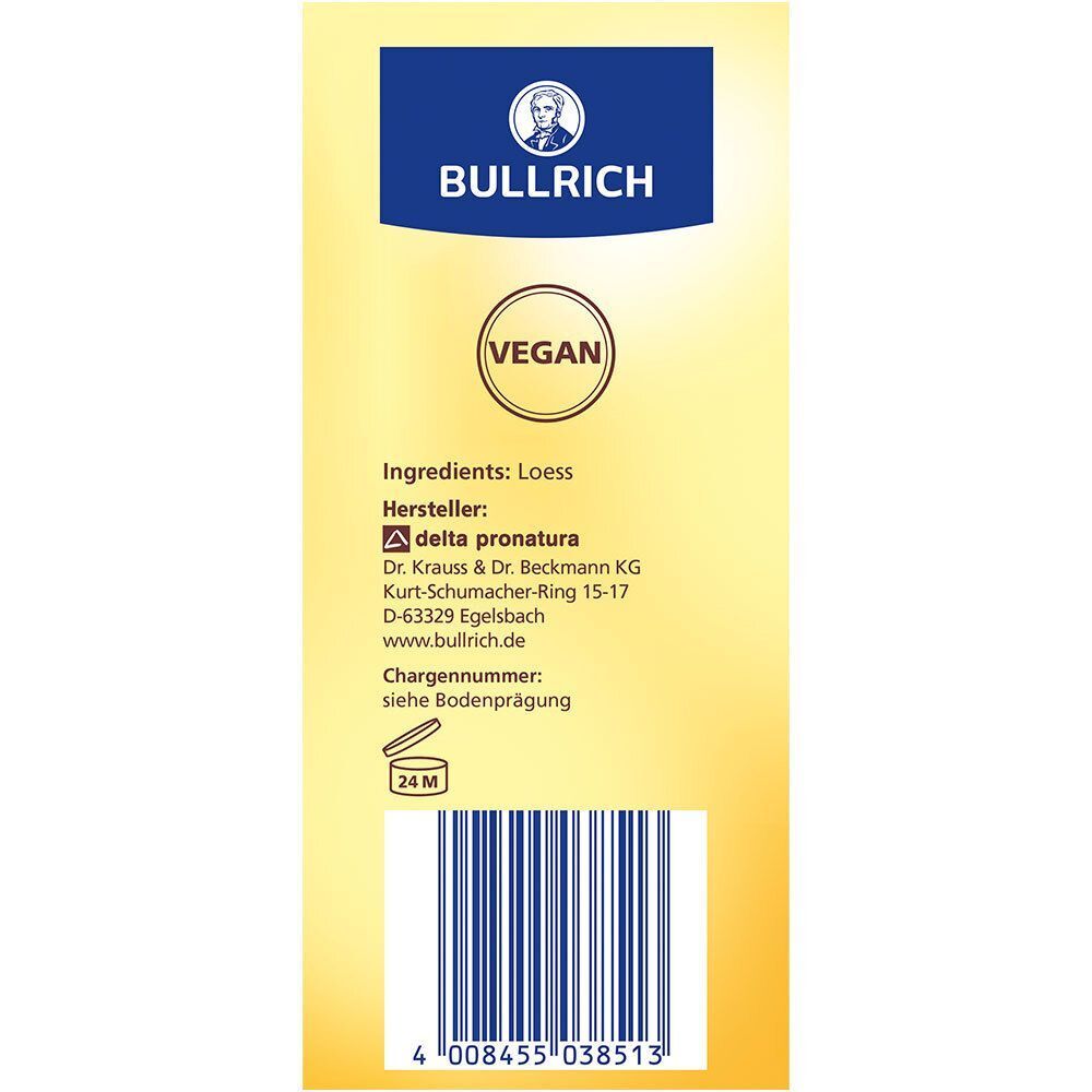 Gelbe Verpackung mit Produktinformationen, Inhaltsstoffen, Hersteller und Barcode. Vegan-Siegel.