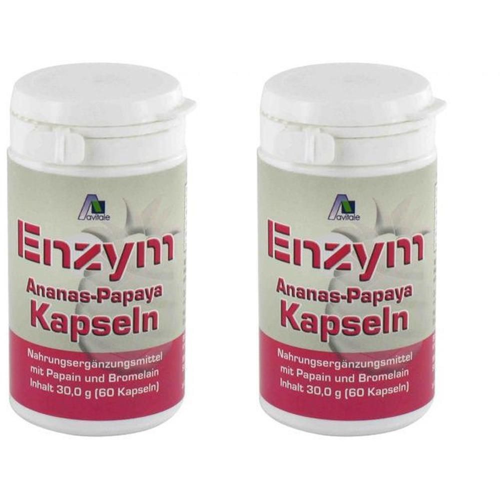 Zwei weiße Pillendosen mit Klappdeckel. Aufschrift: Enzym Ananas-Papaya Kapseln. Nahrungsergänzungsmittel mit Papain und Bromelain.