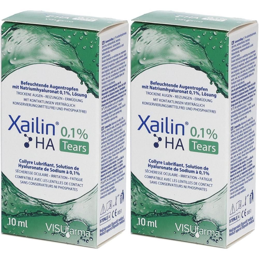 Zwei Schachteln Xailin® HA Tears Augentropfen 0,1% mit Hyaluronsäure, 10 ml.