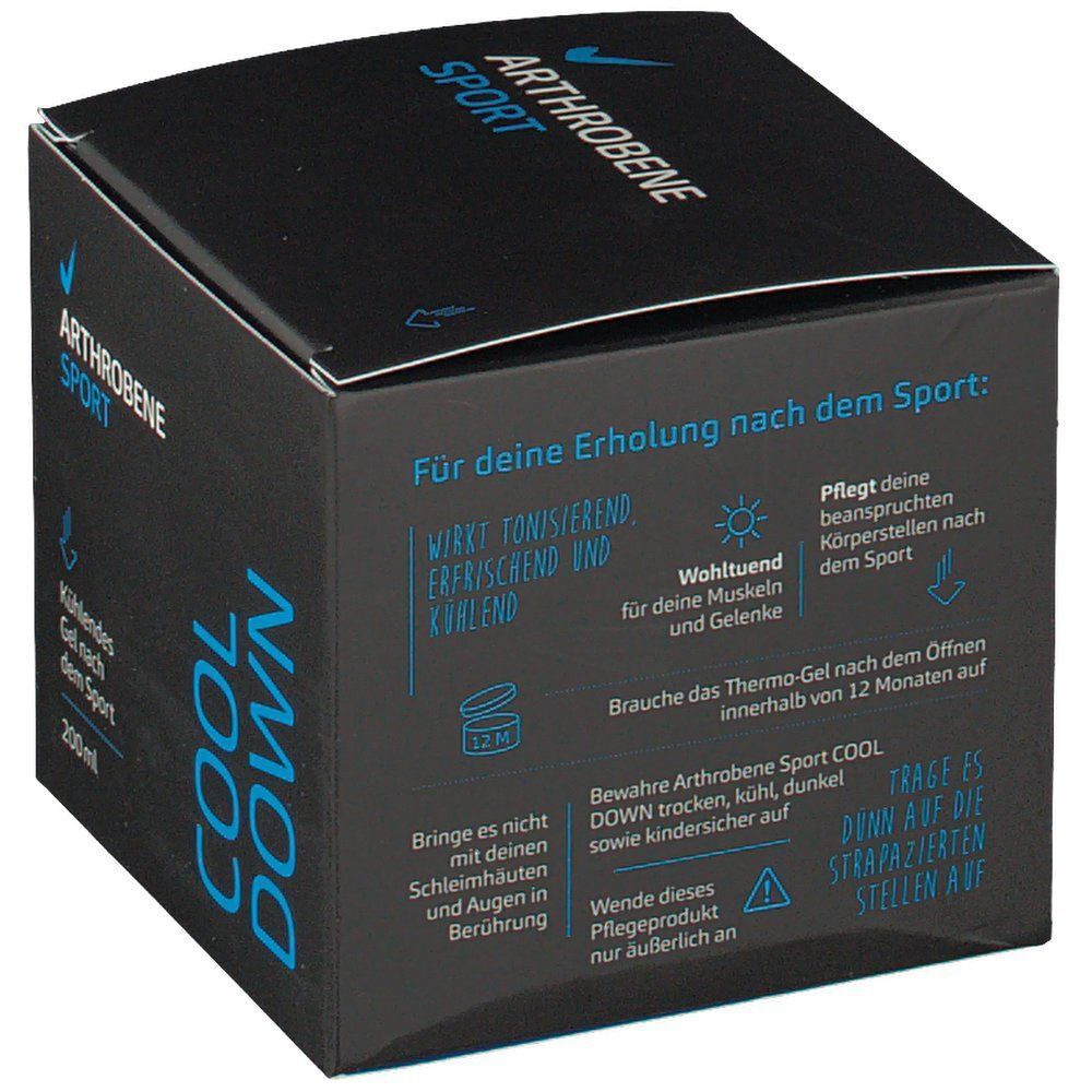 Arthrobene Sport COOL DOWN-Box. Schwarze Verpackung mit blauem Text. Enthält Informationen zur Anwendung und Warnhinweise.