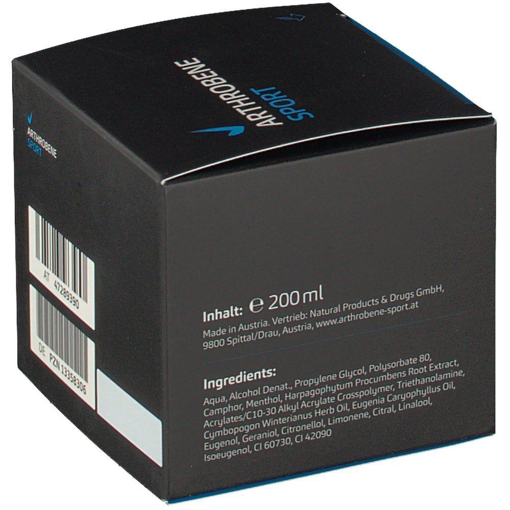 Arthrobene Sport COOL DOWN-Box. Schwarze Verpackung mit Inhaltsangaben und Herstellerinformationen. Enthält 200ml.