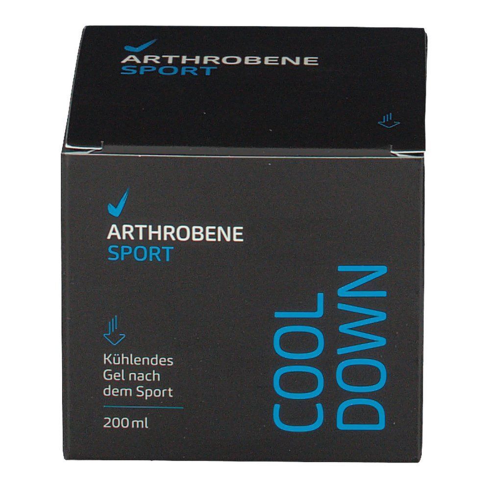 Arthrobene Sport COOL DOWN-Box. Schwarze Verpackung mit blauem Text. Enthält Produktnamen und Produktinformationen.