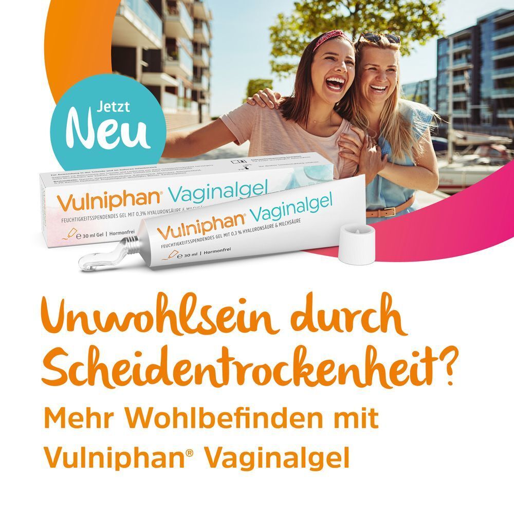 Frauen lachen. VULNIPHAN Vaginalgel, Tube und Verpackung. Text: Unwohlsein durch Scheidentrockenheit? Mehr Wohlbefinden.