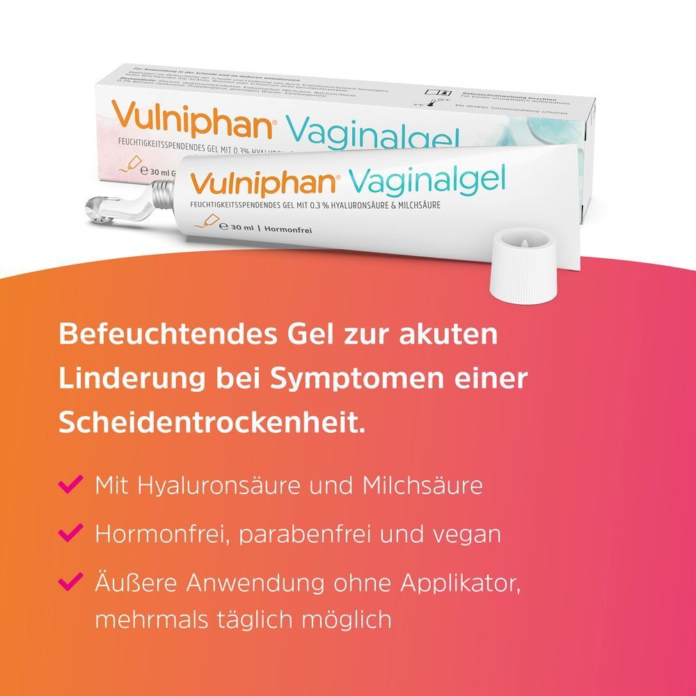 VULNIPHAN Vaginalgel, Tube und Verpackung. Text: Befeuchtendes Gel zur akuten Linderung bei Symptomen einer Scheidentrockenheit.