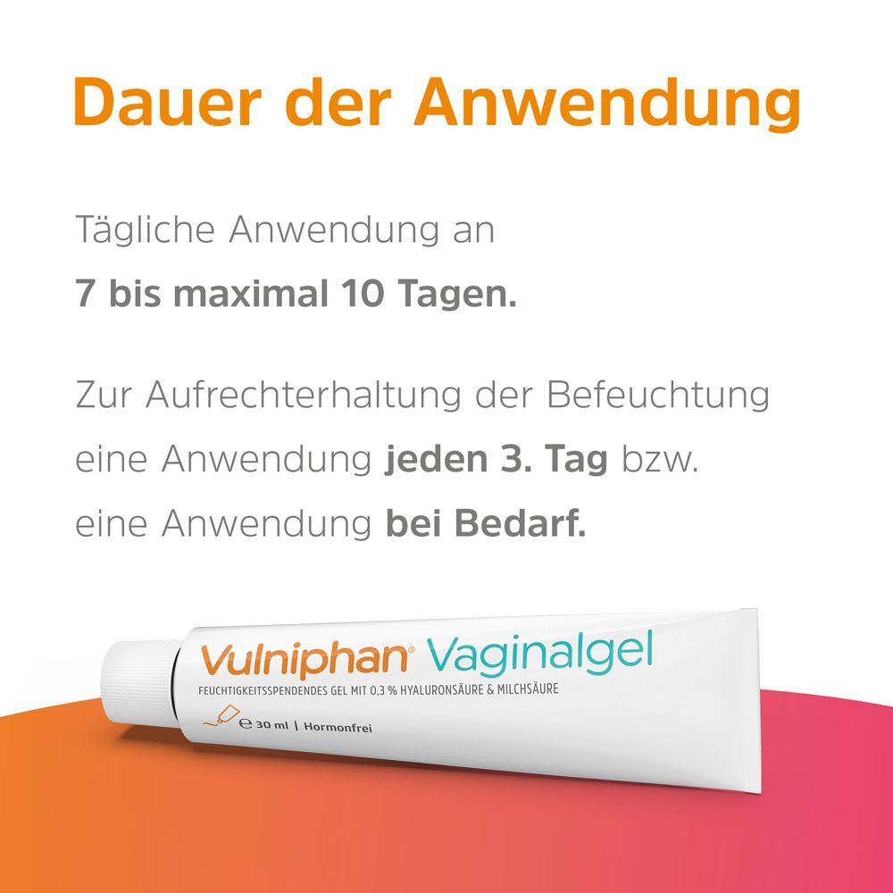VULNIPHAN Vaginalgel, Tube. Text: Tägliche Anwendung an 7 bis maximal 10 Tagen. Anwendung jeden 3. Tag bzw. bei Bedarf.