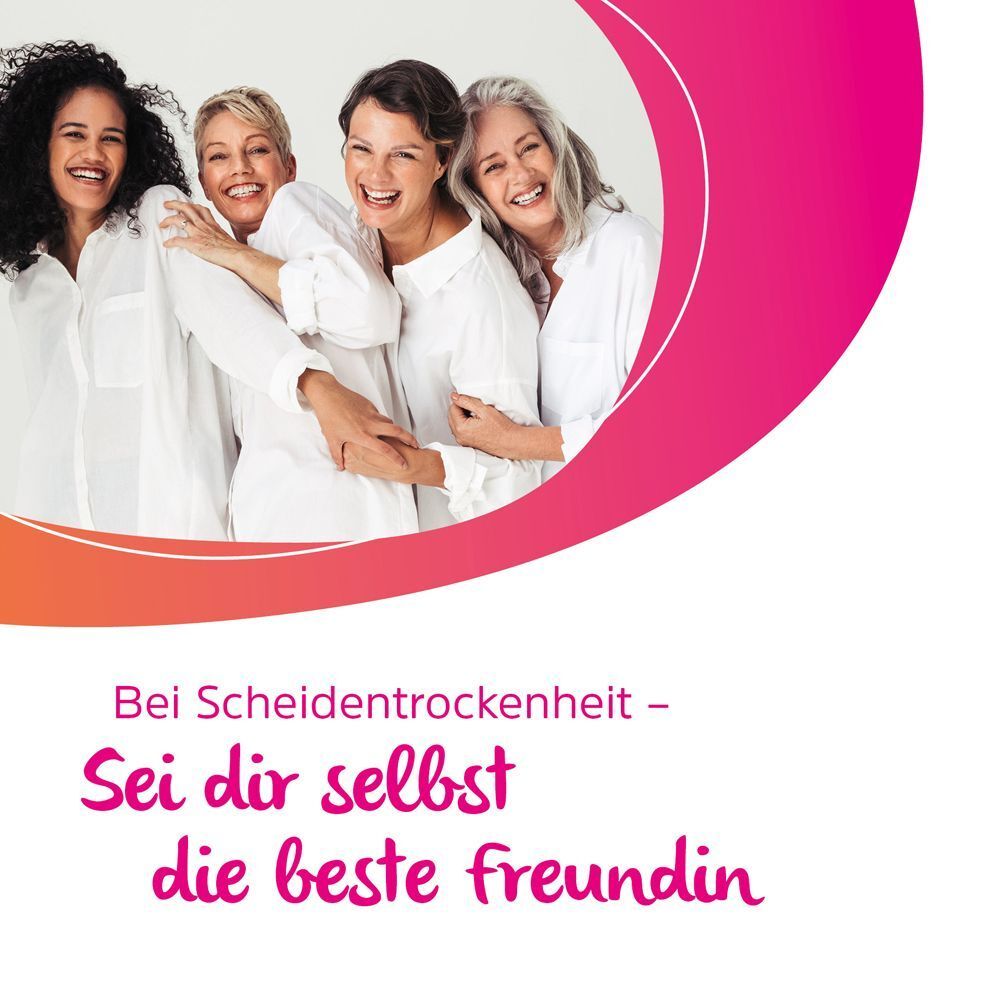 Frauen umarmen sich. Text: Bei Scheidentrockenheit - Sei dir selbst die beste Freundin.