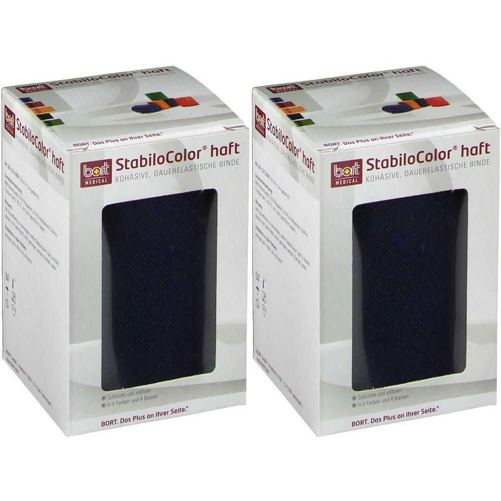 Zwei Kartons BORT StabiloColor® haft. Blaue, kohäsive, dauerelastische Binde. Verpackung mit Produktnamen und Logo.