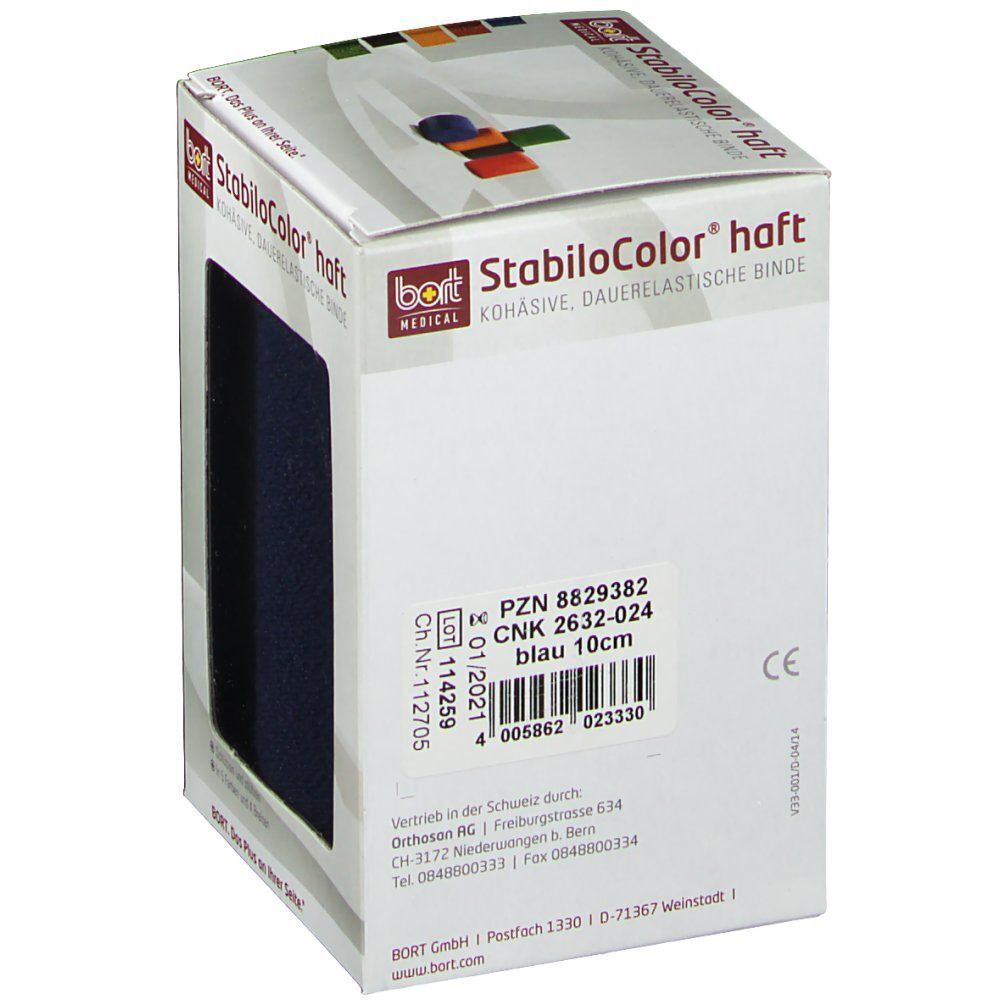 BORT StabiloColor® haft in Verpackung. Blaue Binde, 10 cm breit. Produktinformationen und CE-Kennzeichnung auf der Verpackung.