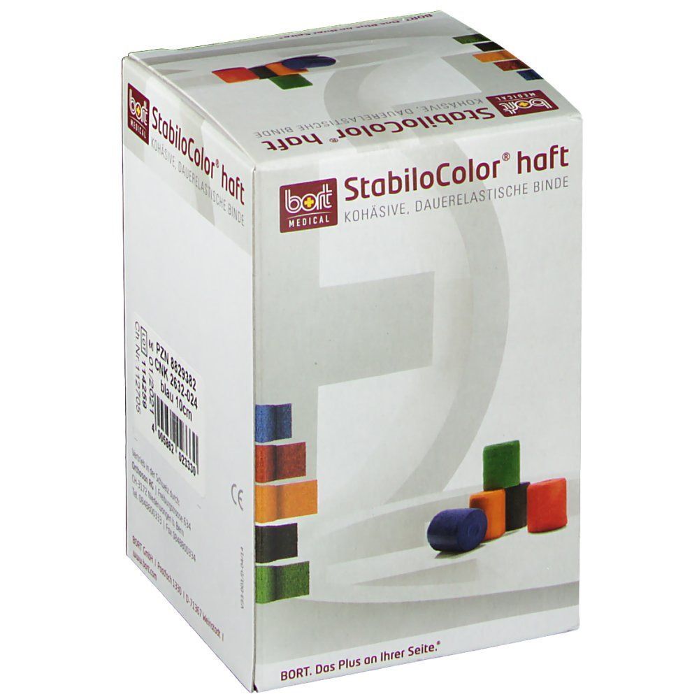 BORT StabiloColor® haft Verpackung. Blaue Binde, 10 cm. Produktname, Logo und CE-Kennzeichnung auf der Verpackung.