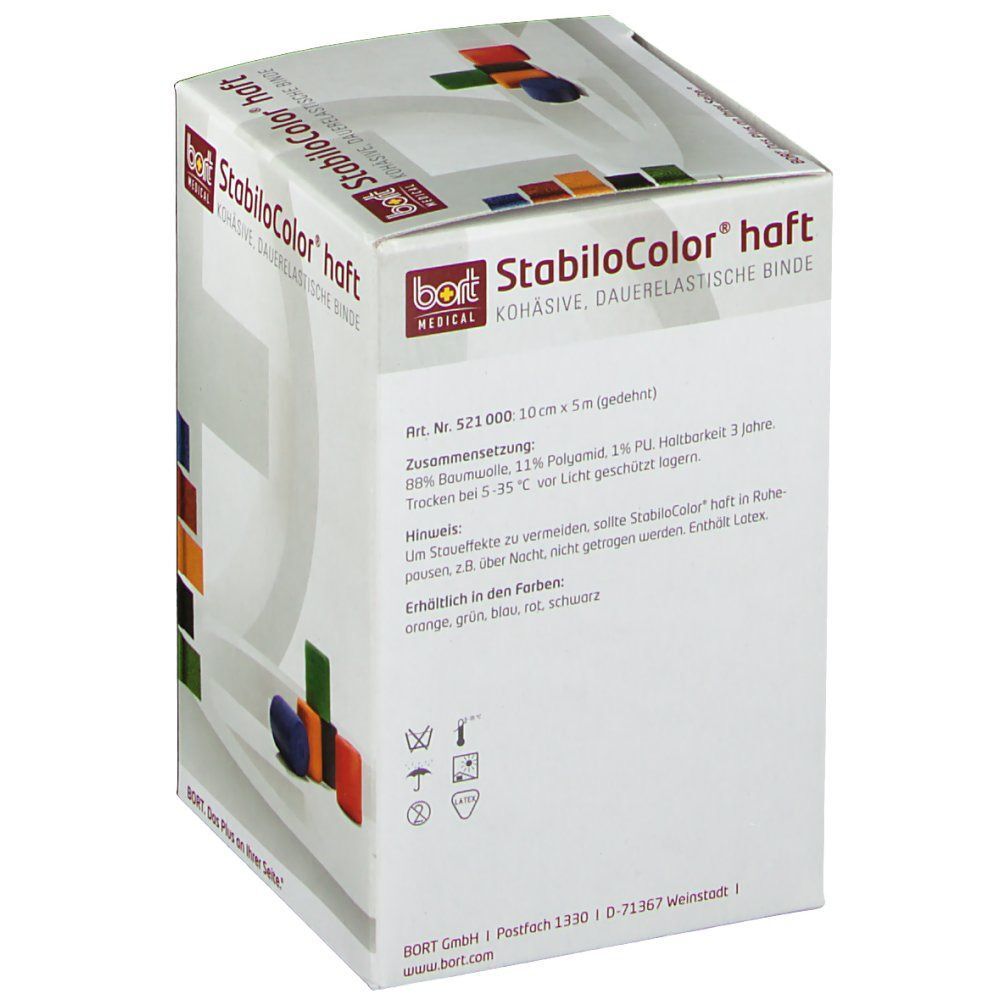 BORT StabiloColor® haft Verpackung. Produktinformationen, Inhaltsstoffe und CE-Kennzeichnung. Blaue Binde, 10 cm x 5 m.