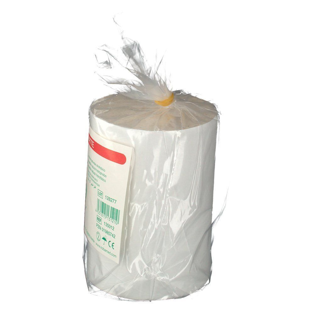 Rolle Polsterwatte in Plastikverpackung. Aufdruck: Polsterwatte, 12 cm x 2 m. Sichtbar: Produktname, Größe, Verpackung.