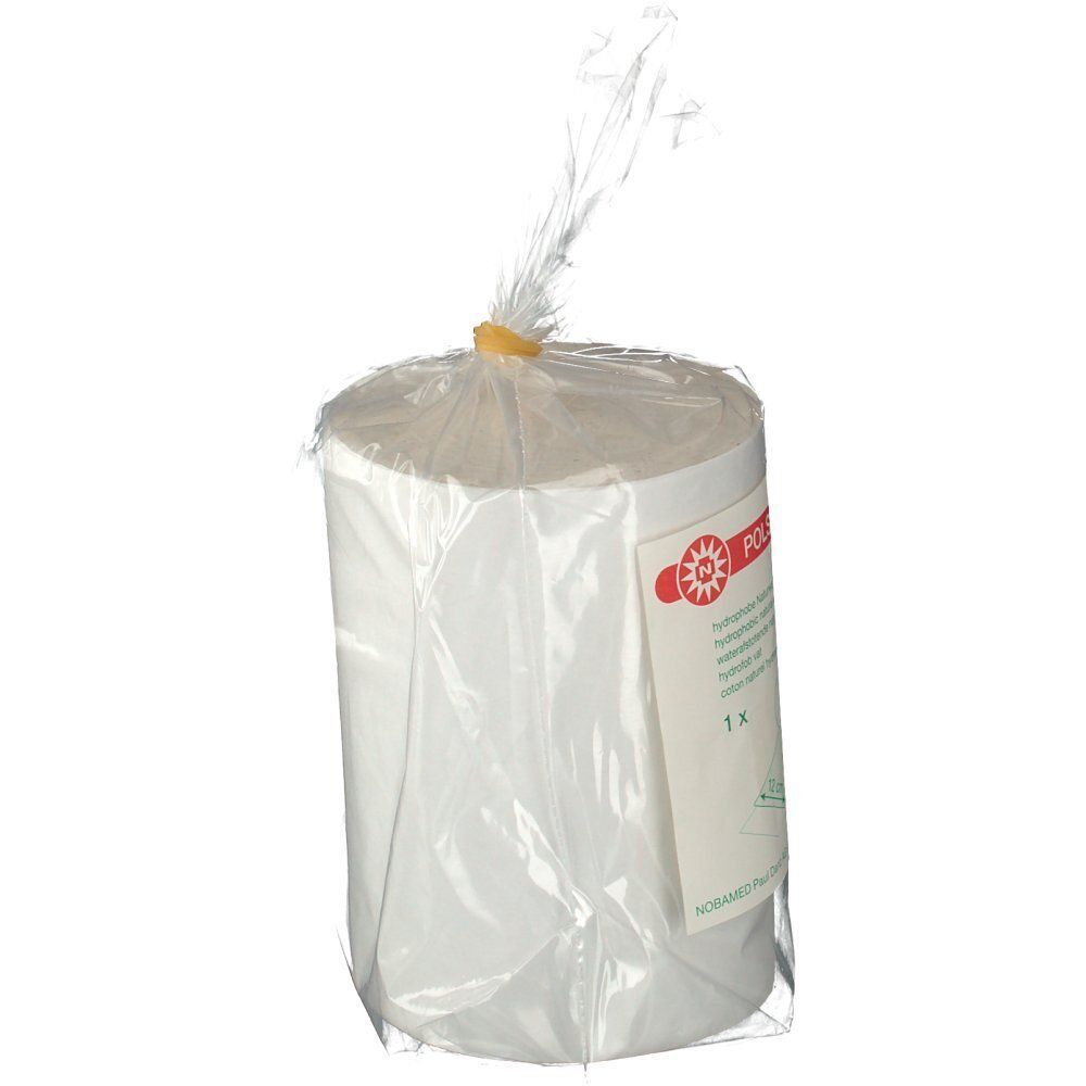Rolle Polsterwatte in Plastikverpackung. Aufdruck: Polsterwatte. Sichtbar: Produktname, Verpackung.