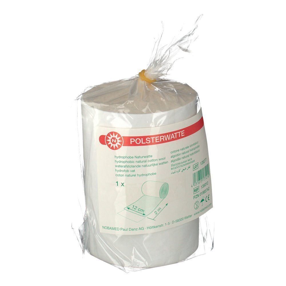 Rolle Polsterwatte in Plastikverpackung. Aufdruck: Polsterwatte, 12 cm x 2 m. Sichtbar: Produktname, Größe, Verpackung.