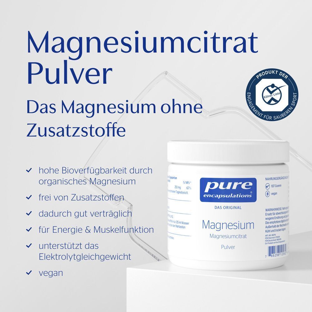 Weiße Dose Magnesiumcitrat Pulver. Text: pure encapsulations, Magnesium, Pulver. Aufzählung: hohe Bioverfügbarkeit, frei von Zusatzstoffen.