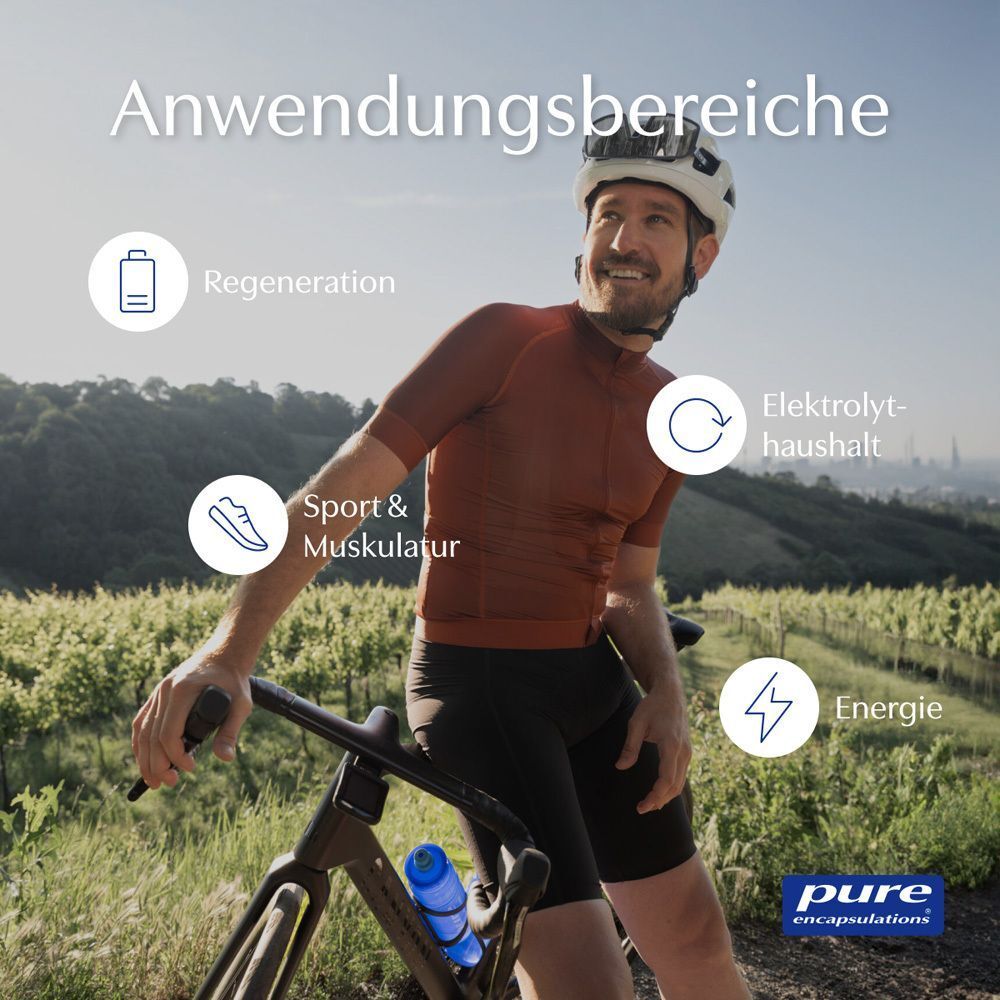 Radfahrer mit Dose Magnesiumcitrat Pulver. Text: pure encapsulations. Grafiken: Regeneration, Sport & Muskulatur, Elektrolythaushalt, Energie.