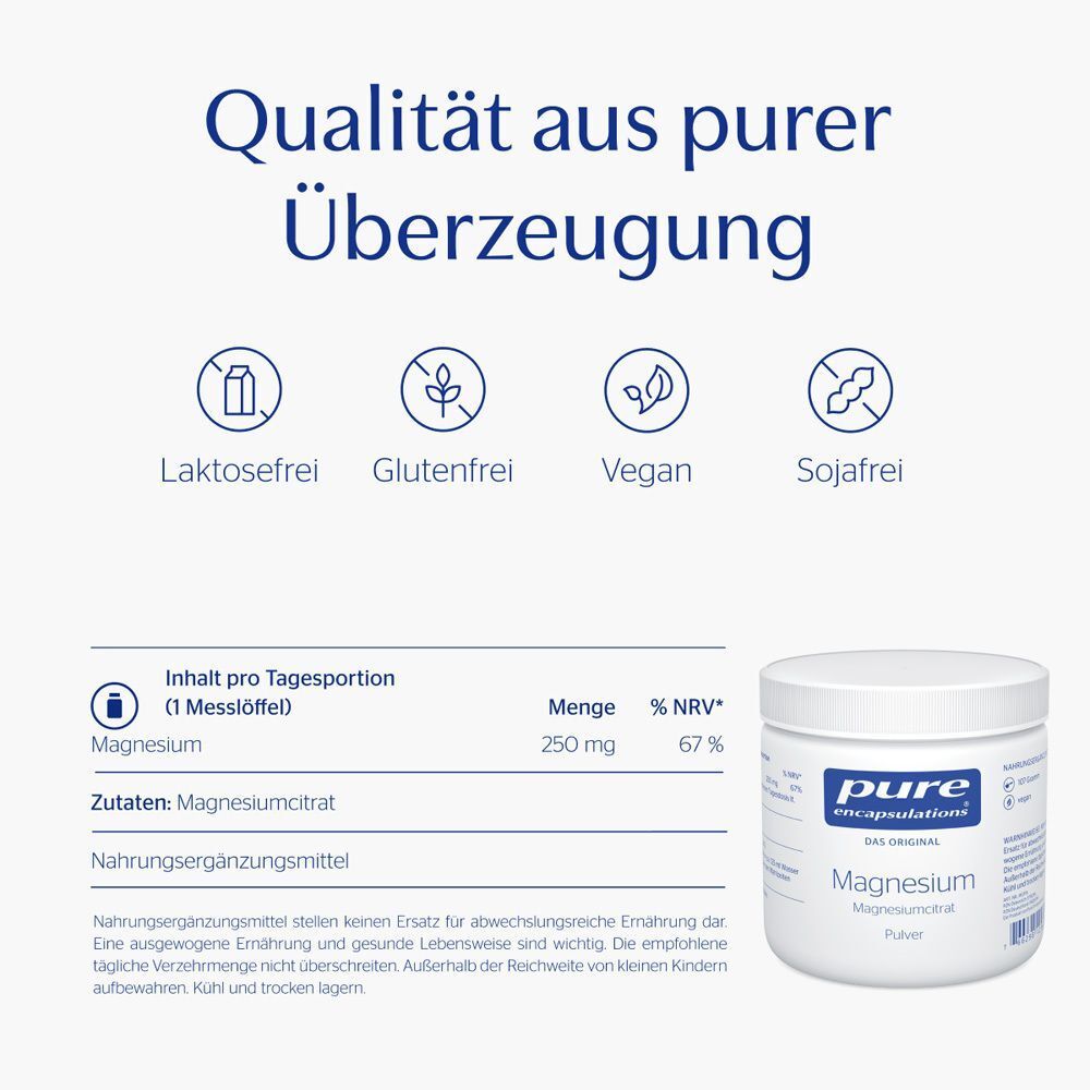 Dose Magnesiumcitrat Pulver. Text: pure encapsulations, Magnesium, Pulver. Grafiken: laktosefrei, glutenfrei, vegan, sojafrei. Nährwertangaben.