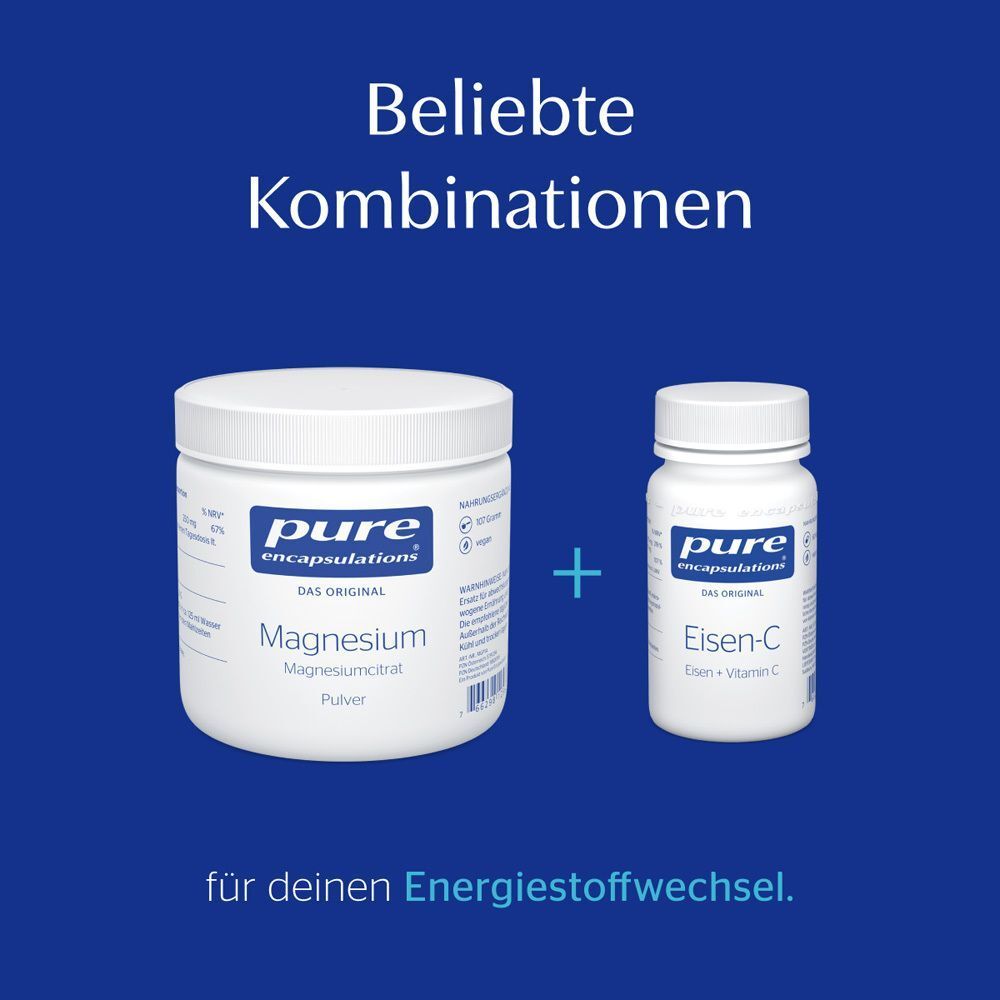 Dose Magnesiumcitrat Pulver und Flasche Eisen-C. Text: pure encapsulations. Für deinen Energiestoffwechsel.